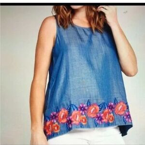 Tommy Bahama Floral Embroidered Sleeveless Top Shirt Frieda Small Blue Chambray